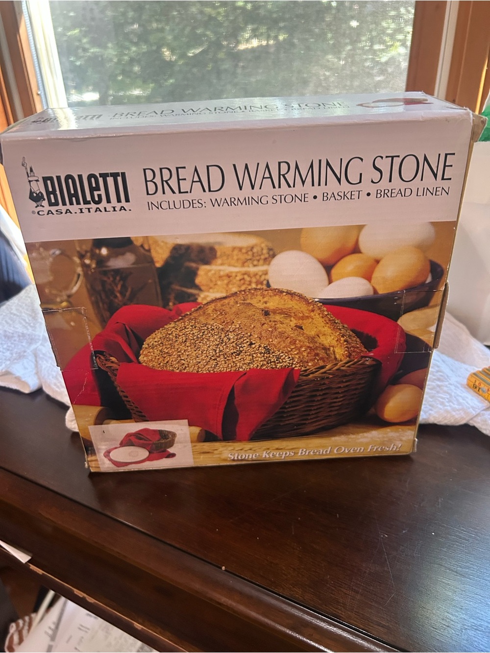 Bialetti Bread Warming Stone Set with Red Linen and Basket